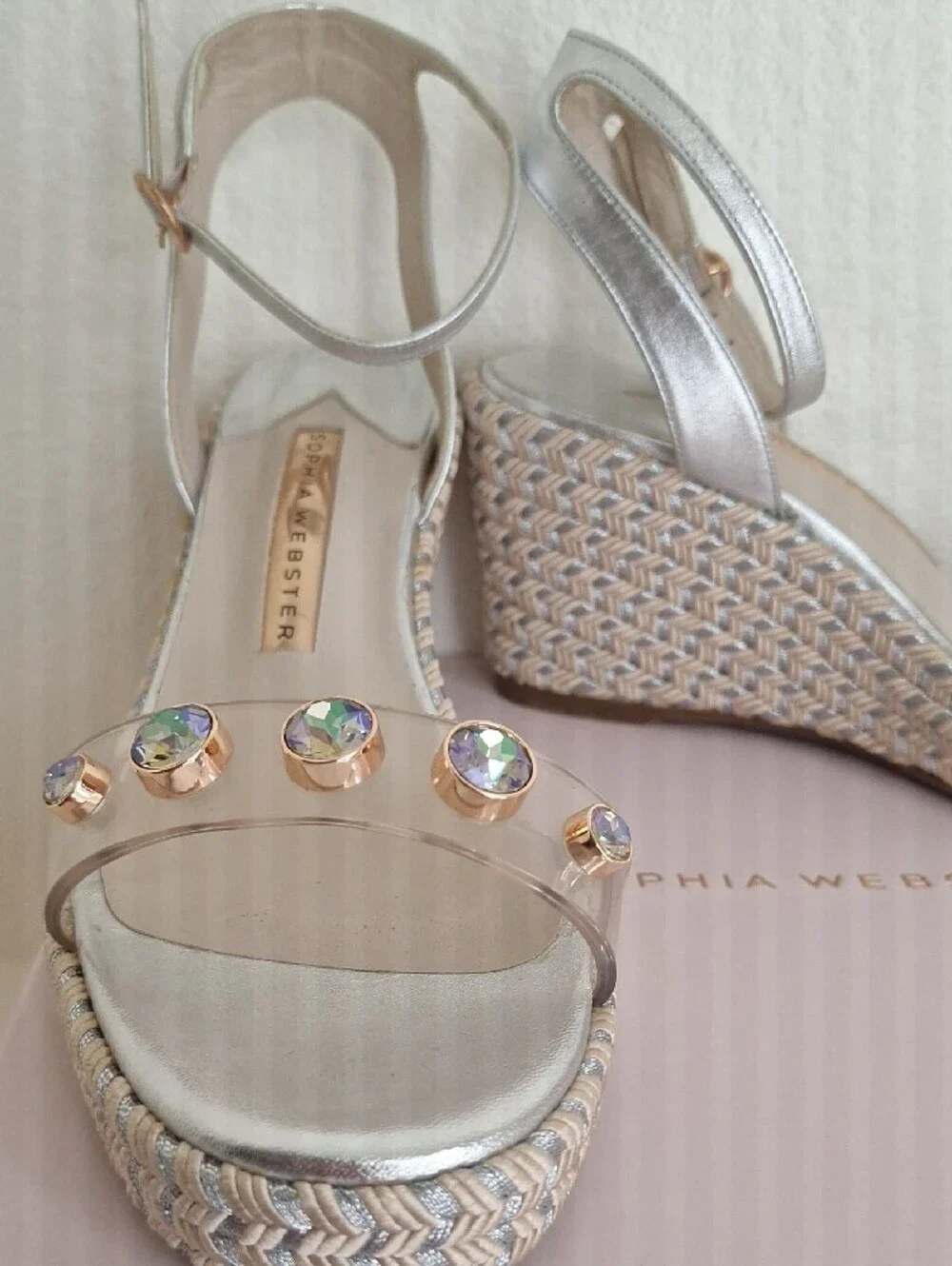 Sophia Webster Silver Wedge Sandals with Iridescent Gem Details